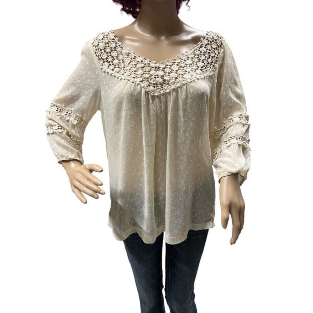 Solitaire Ivory Cream Crochet Lace Boho Festival Sheer Womens Blouse Size Medium
